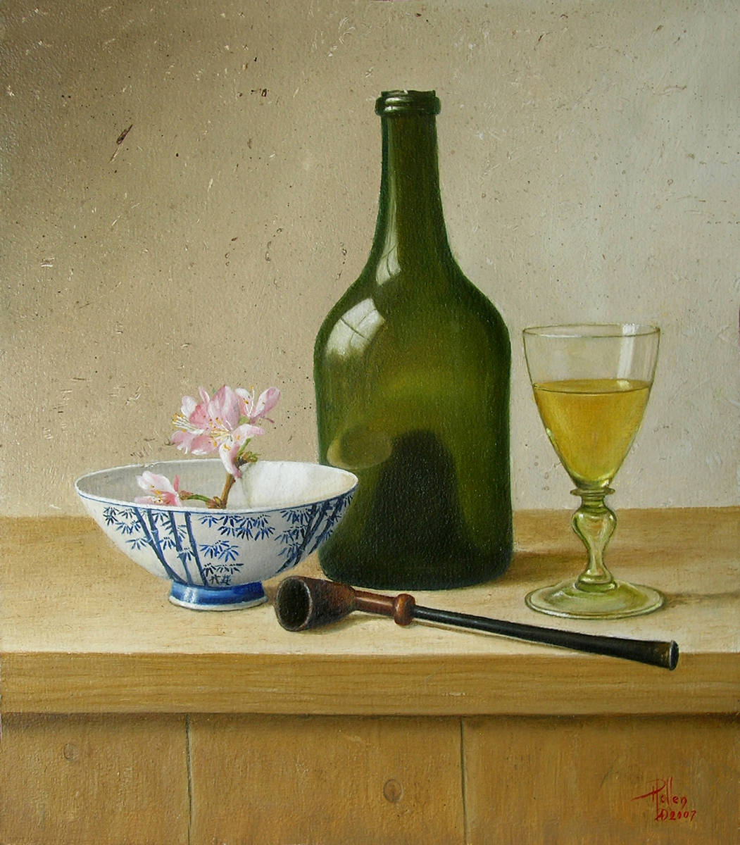 Still life with antique wine bottle and cherry blossom